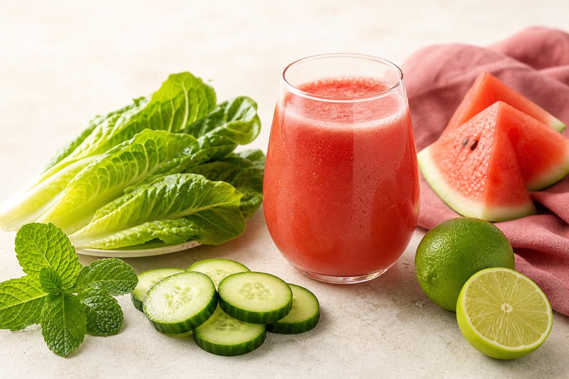 Romaine Watermelon Lime in a clear glass with fresh romaine, watermelon, cucumber, lime, mint, and muted raspberry linen.