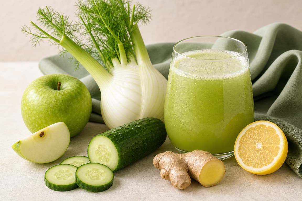 Root Fennel Bright in a clear glass with fresh fennel, green apple, cucumber, lemon, ginger, and sage linen.