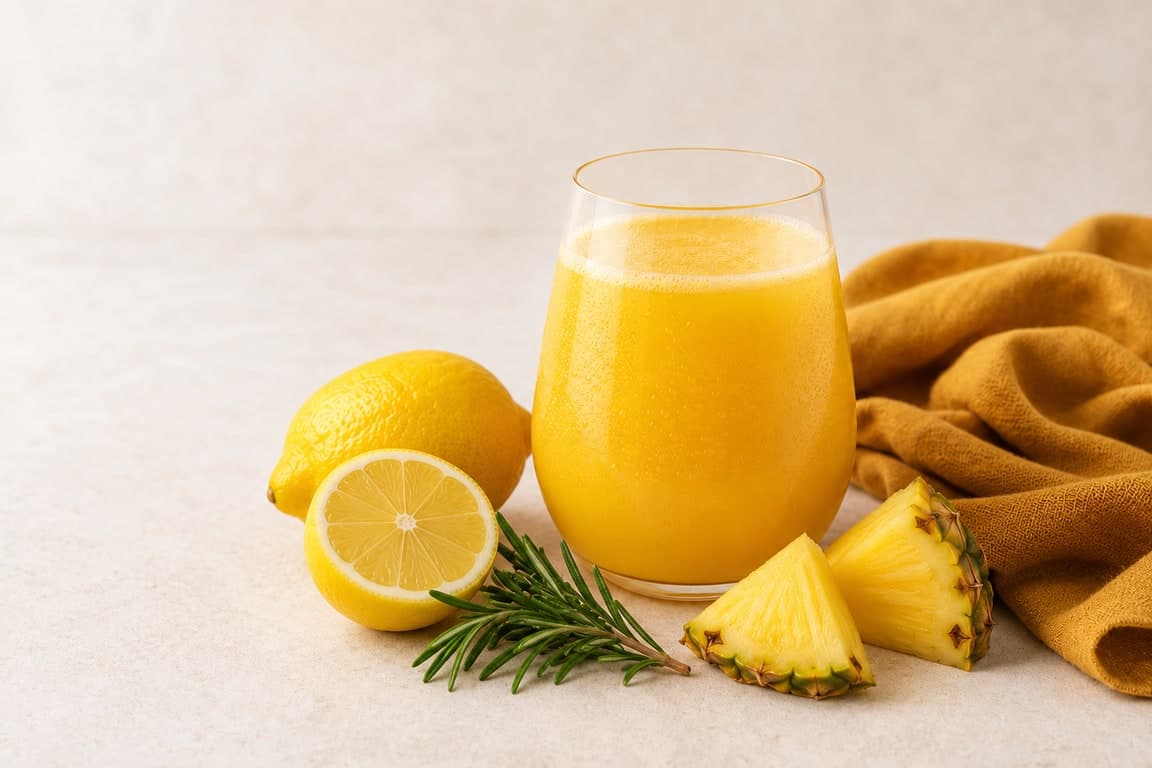 Rosemary Pineapple Lemon in a clear rounded stemless tumbler on a cream surface with fresh pineapple, lemon, and a fresh rosemary sprig.