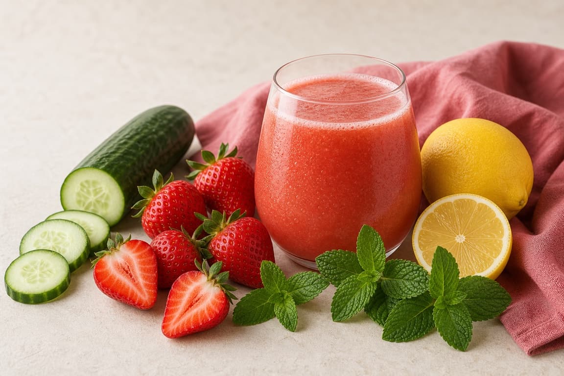 Strawberry Cucumber Mint in a clear glass with fresh strawberry, cucumber, lemon, mint, and muted raspberry linen.