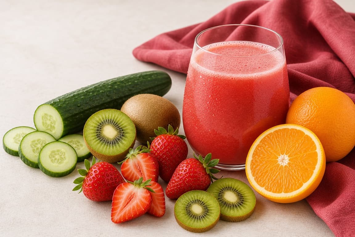 Strawberry Kiwi Citrus in a clear glass with fresh strawberry, kiwi, orange, cucumber, and muted raspberry linen.