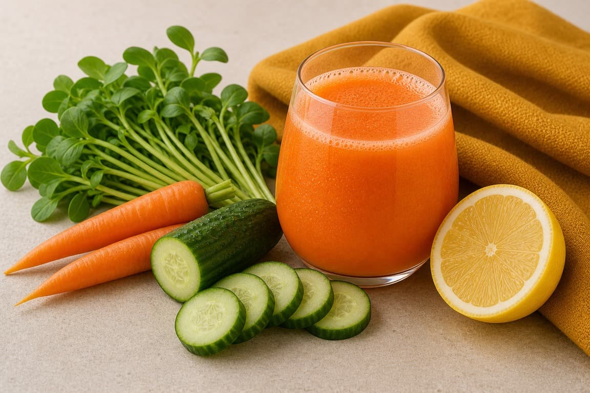Sunflower Shoot Carrot Lemon in a clear glass with fresh sunflower shoots, carrot, cucumber, and lemon, and saffron ochre linen.