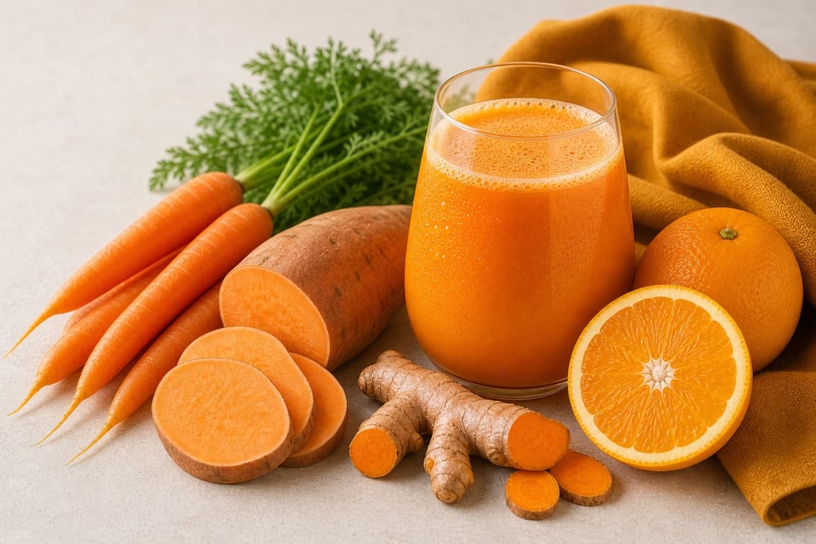 Sweet Potato Carrot Orange in a clear glass with fresh sweet potato, carrot, orange, turmeric, and saffron ochre linen.