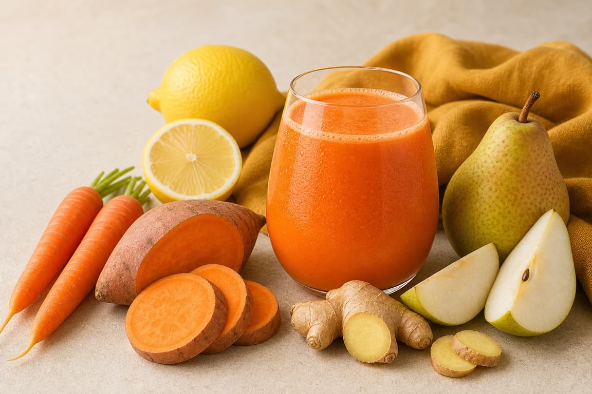Sweet Potato Pear Ginger in a clear glass with fresh sweet potato, pear, carrot, lemon, ginger, and saffron ochre linen.