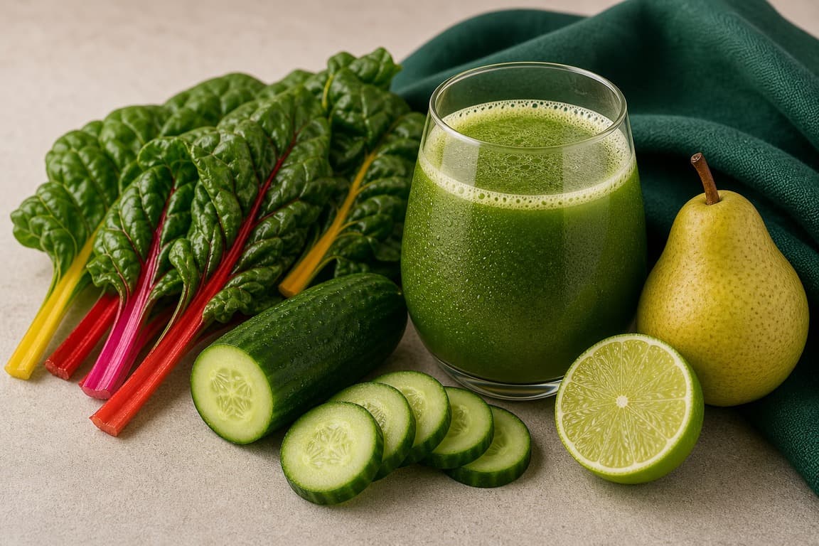 Swiss Chard Pear Lime in a clear glass with fresh Swiss chard, pear, cucumber, and lime, and emerald linen.