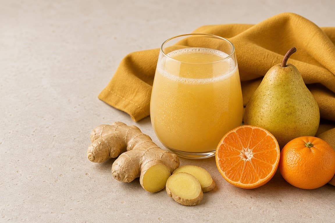 Tangerine Pear Ginger in a clear glass with fresh pear, tangerine, ginger, and saffron ochre linen.