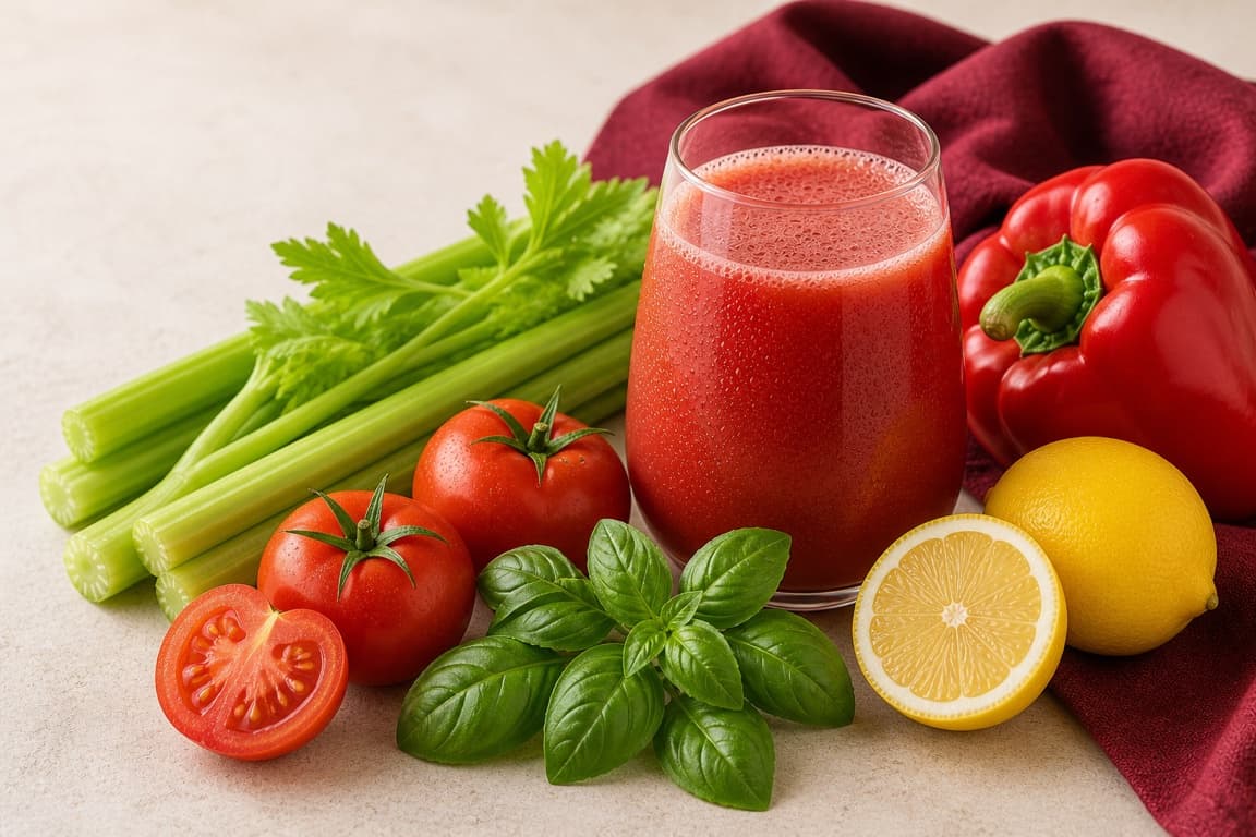 Tomato Celery Basil Lemon in a clear glass with fresh tomato, celery, bell pepper, basil, lemon, and tomato-burgundy linen.