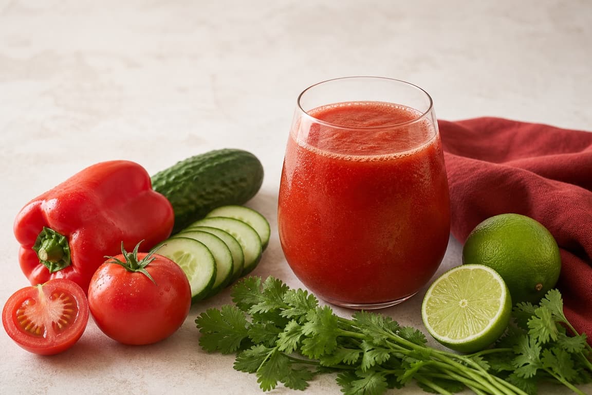 Tomato Cucumber Cilantro Lime in a clear glass with fresh tomato, cucumber, bell pepper, cilantro, lime, and tomato-burgundy linen.