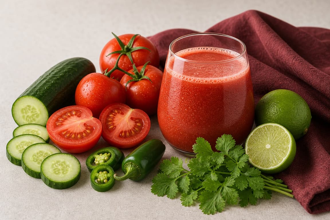 Tomato Jalapeno Lime in a clear glass with fresh tomato, jalapeno, cucumber, lime, cilantro, and tomato-burgundy linen.