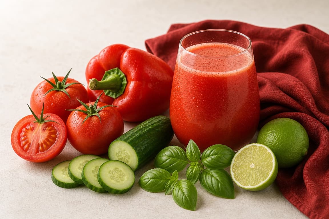 Tomato Pepper Garden in a clear glass with fresh tomato, bell pepper, cucumber, basil, lime, and tomato-burgundy linen.