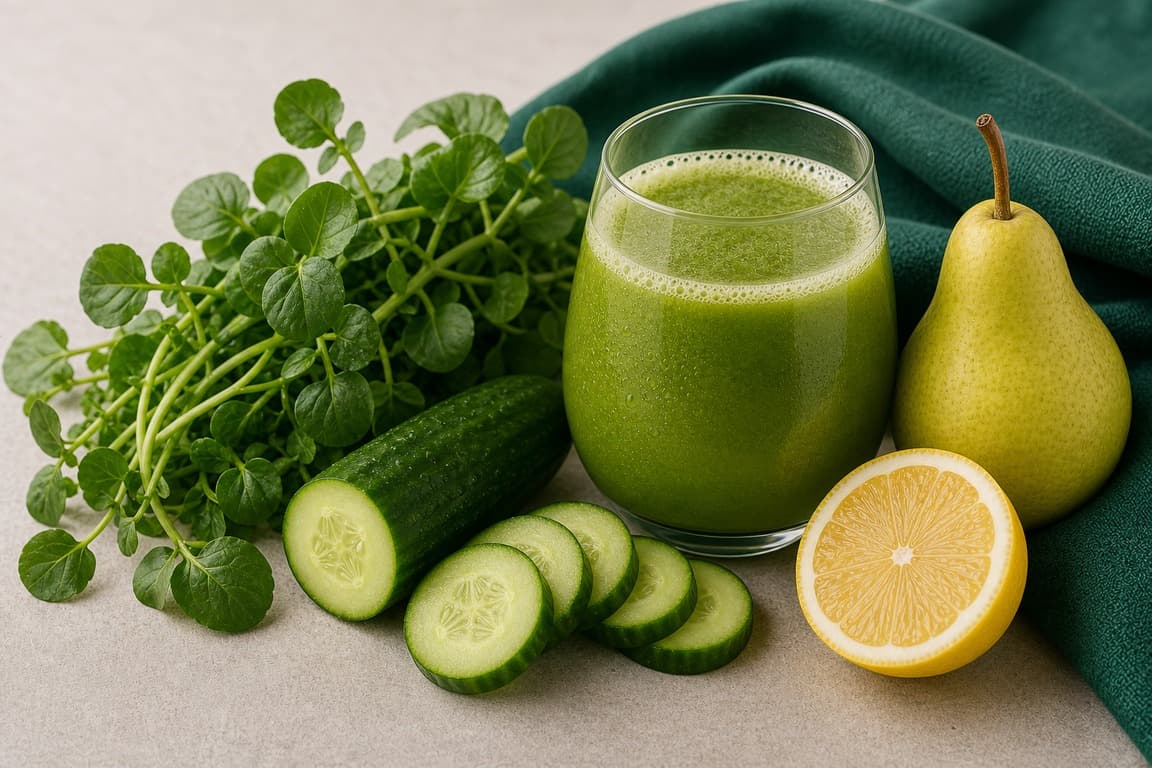 Watercress Pear Lemon in a clear glass with fresh watercress, pear, cucumber, and lemon, and emerald linen.