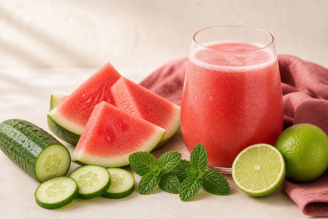 Watermelon Lime Refresh in a clear glass with fresh watermelon, cucumber, lime, mint, and muted raspberry linen.