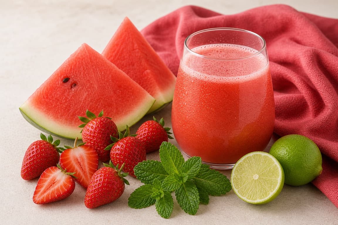 Watermelon Strawberry Lime in a clear glass with fresh watermelon, strawberry, lime, mint, and muted raspberry linen.