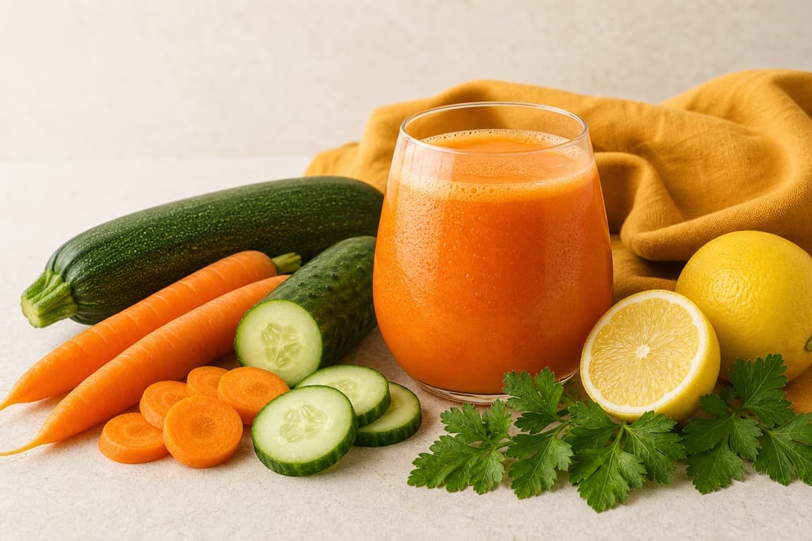 Zucchini Carrot Lemon Parsley in a clear glass with fresh zucchini, carrot, cucumber, lemon, parsley, and saffron ochre linen.