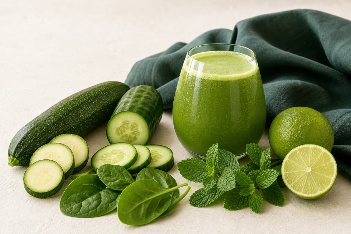 Zucchini Cucumber Spinach Mint in a clear glass with fresh zucchini, cucumber, spinach, mint, lime, and emerald linen.