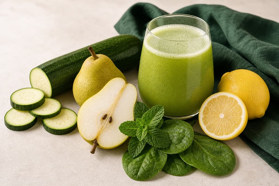 Zucchini Pear Green in a clear glass with fresh zucchini, pear, spinach, lemon, mint, and deep sage linen.