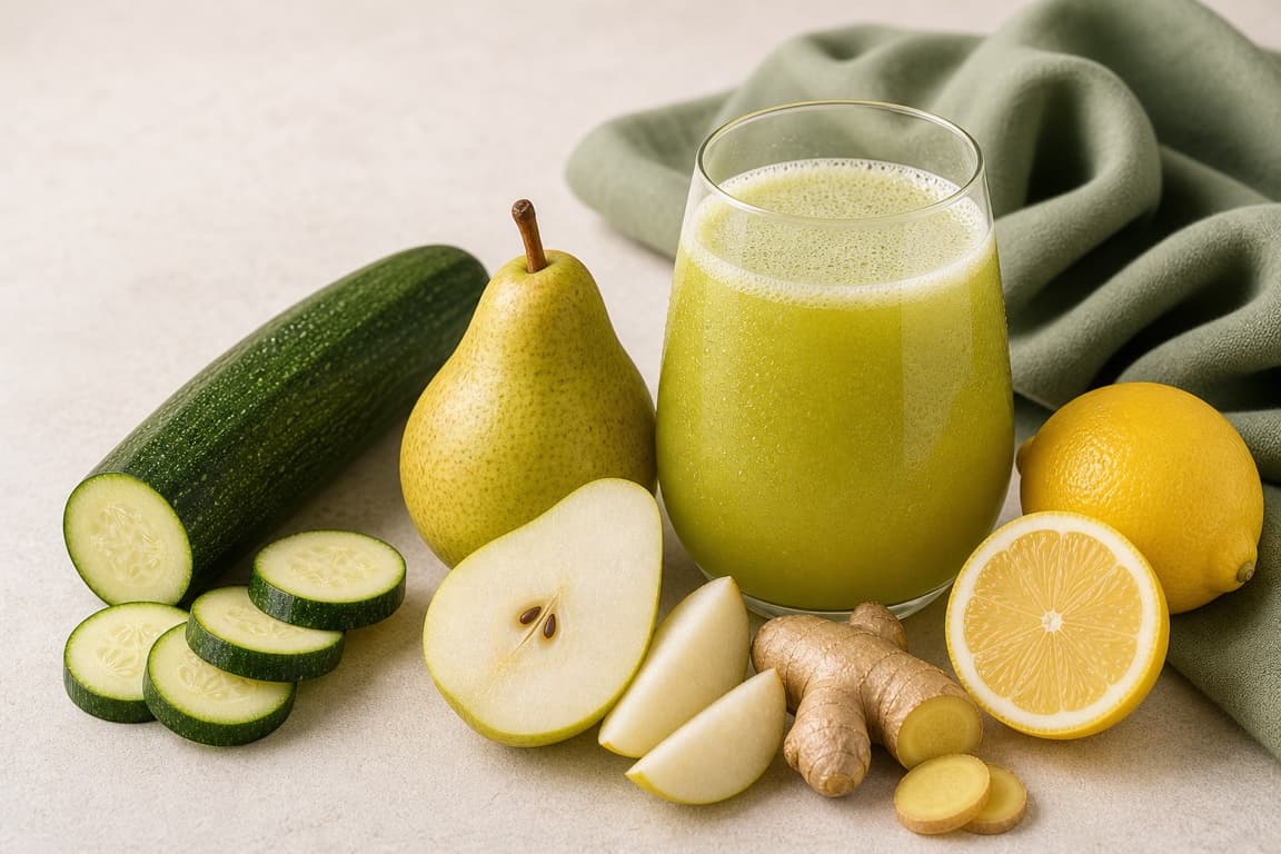 Zucchini Pear Lemon Ginger in a clear glass with fresh zucchini, pear, lemon, ginger, and soft sage linen.