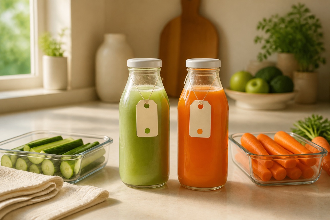 Two color-tagged glass bottles of fresh juice beside prepped cucumber and carrots on a tidy kitchen counter.