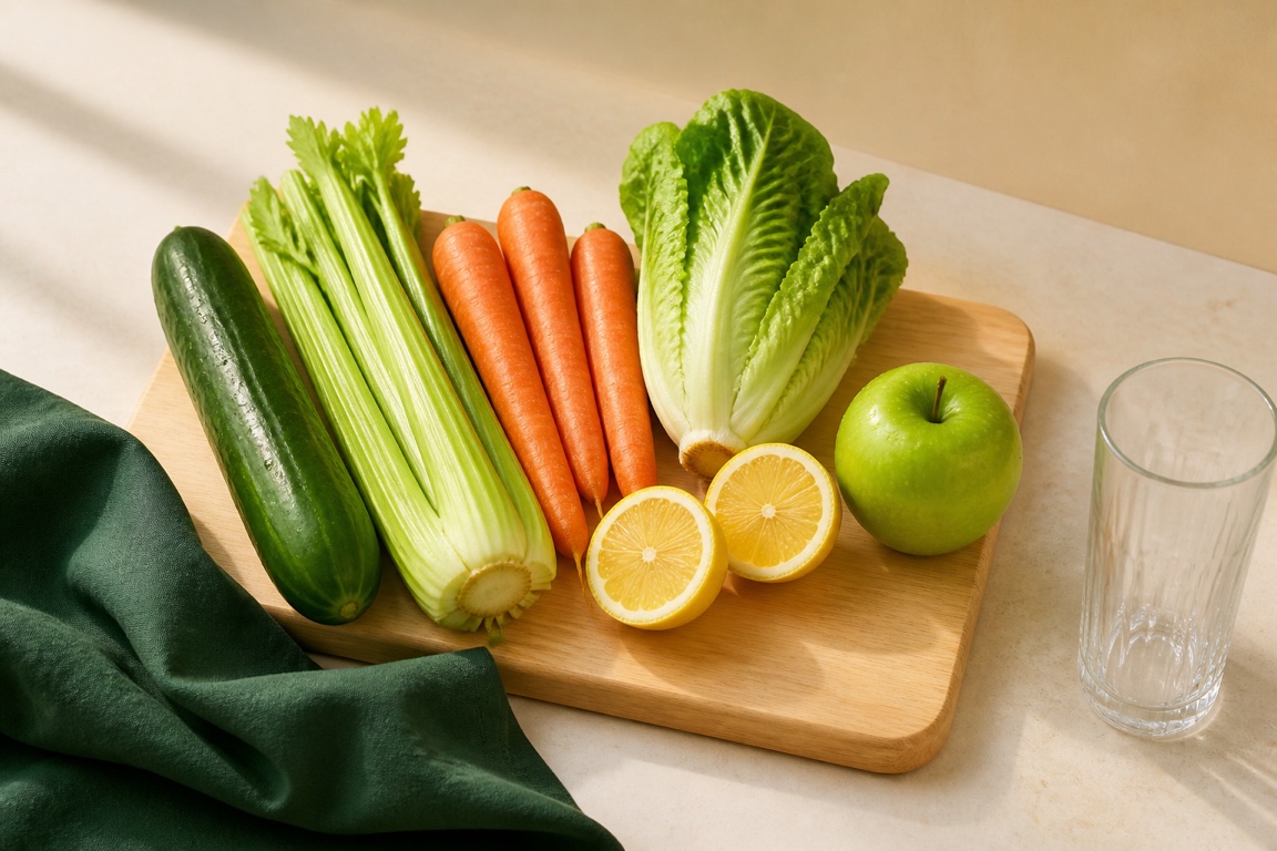Beginner-friendly juicing produce — cucumber, celery, carrot, romaine, lemon, and green apple — laid out on a board.