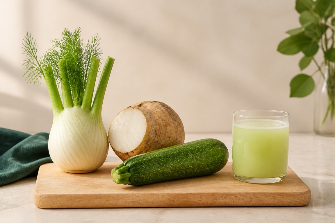 A fennel bulb, whole jicama, and zucchini on a wooden board with a small glass of pale juice.