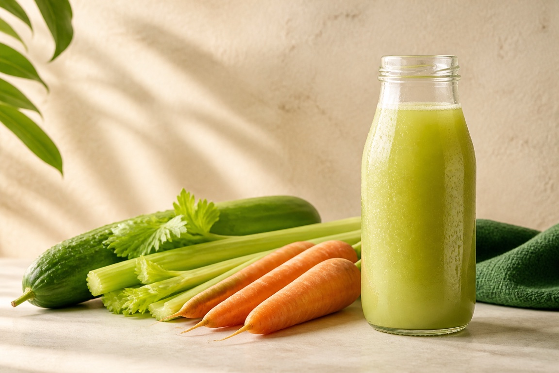 Cucumbers, celery ribs, and carrots beside a glass bottle of pale green juice on a cream counter.