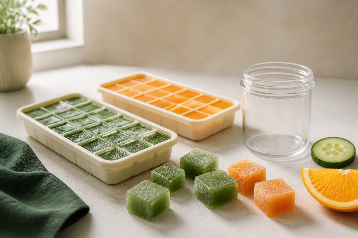 Green and orange frozen juice cubes beside cream silicone trays and a freezer-safe glass jar.
