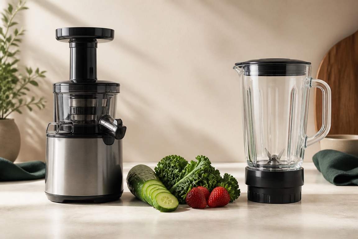 A cold-press juicer auger and a blender jar side by side with fresh produce between them.