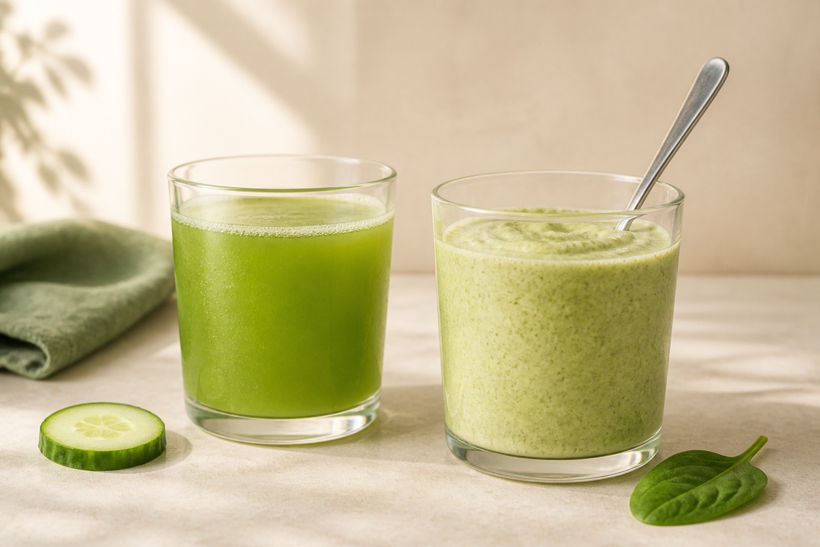 A thin, clear glass of green juice beside a thick green smoothie in a tumbler with a spoon.