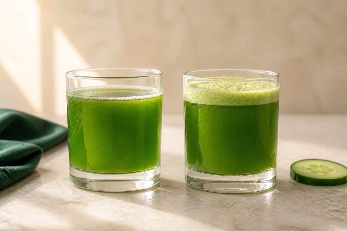 Two glasses of fresh juice side by side, one clear and one topped with a layer of foam.