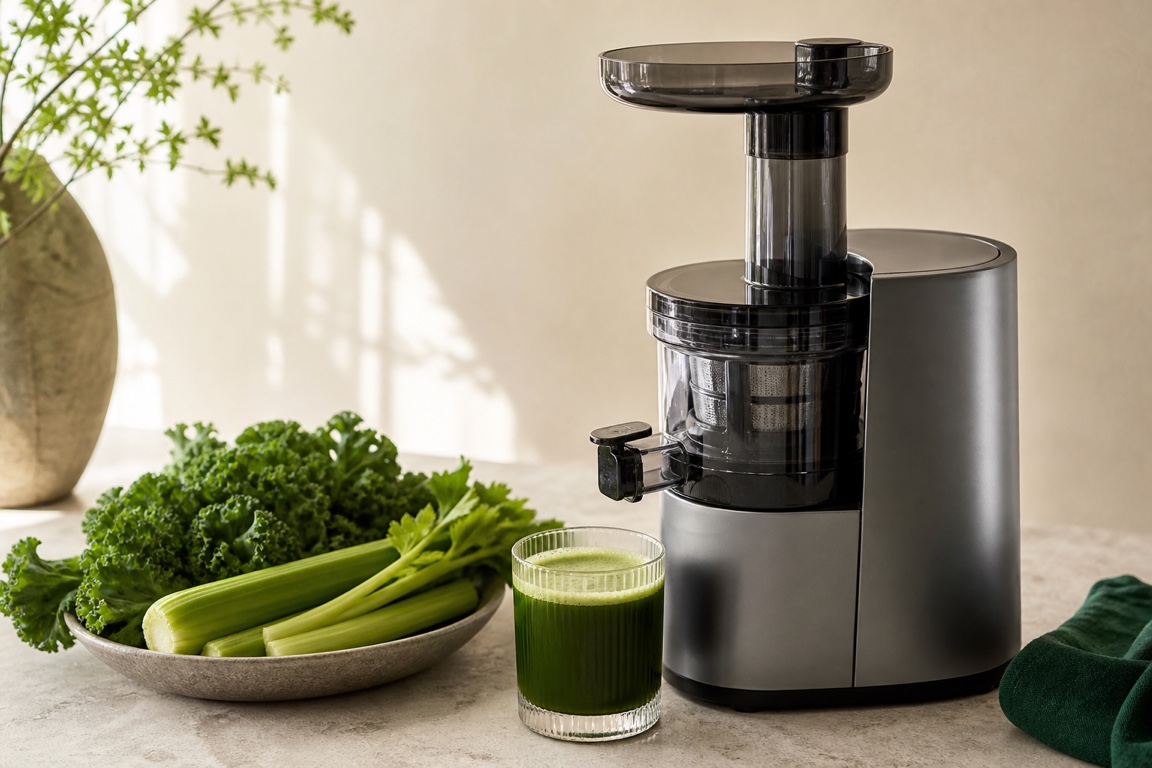 Kale leaves and celery stalks beside a slow juicer hopper with a glass of deep green juice.