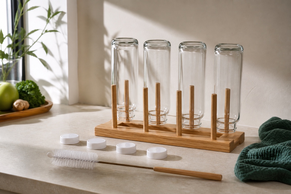 Clean glass juice bottles drying upside down on a wooden rack beside loose caps and a bottle brush.