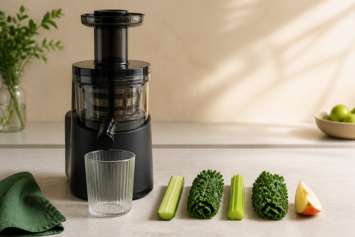 Cucumber, kale, celery, kale, and an apple wedge staged in alternating order beside a cold-press juicer.