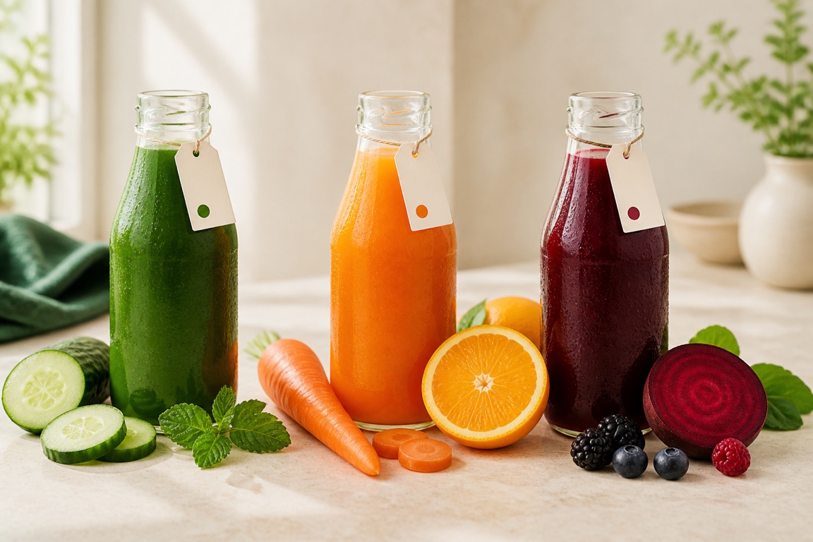 Three capped juice bottles in green, orange, and ruby beside their matching fresh produce.