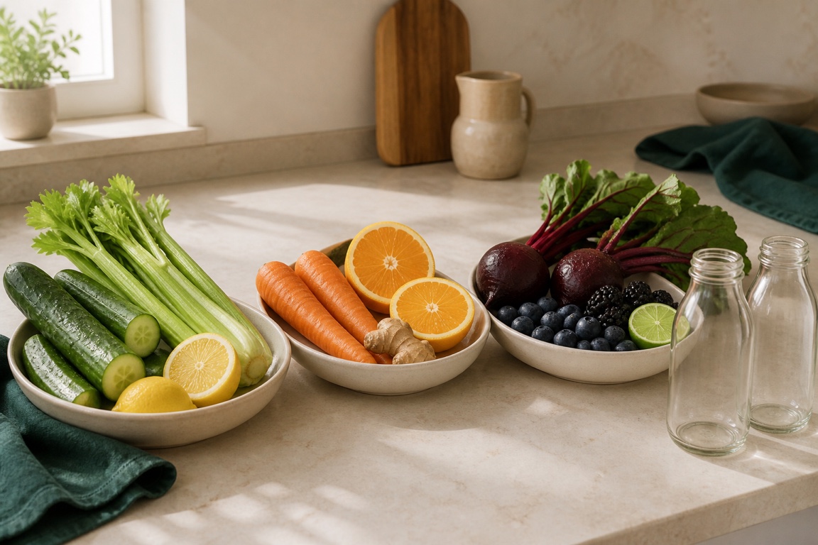 A week of juicing produce grouped by recipe in bowls on a counter, with two empty glass bottles waiting.