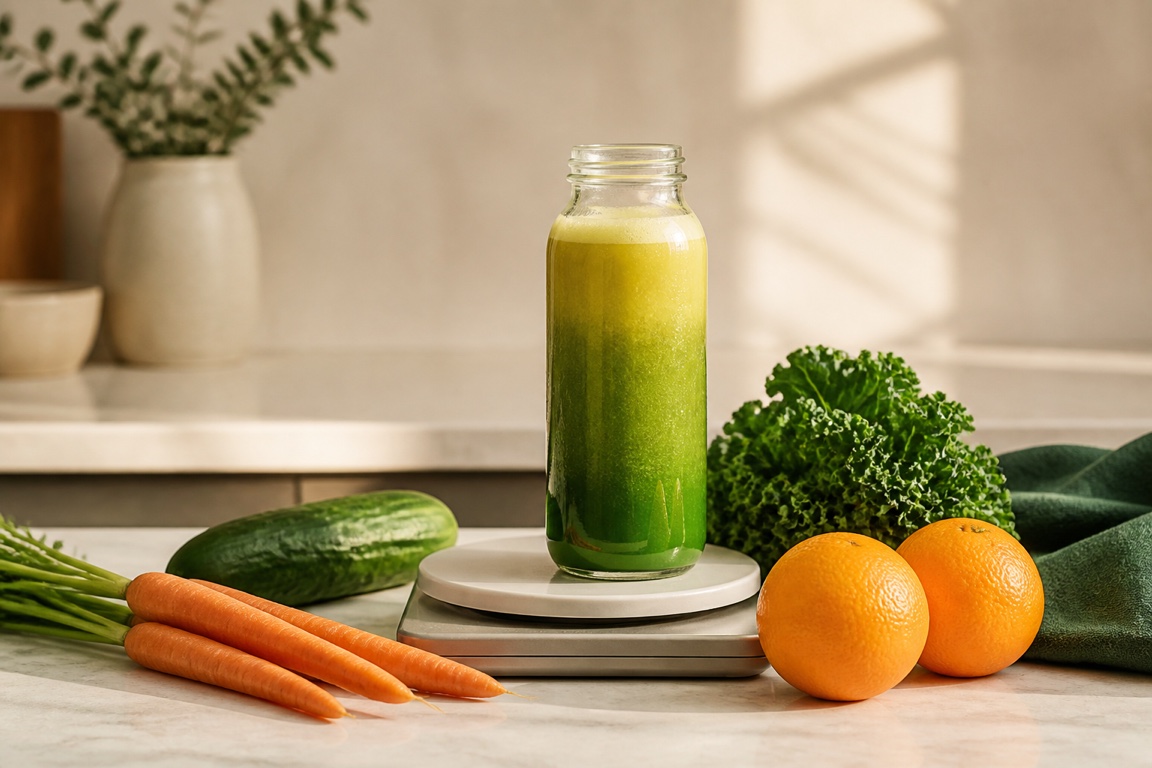 Whole cucumber, carrots, oranges, and kale arranged beside a filled 16 oz glass juice bottle on a kitchen scale.