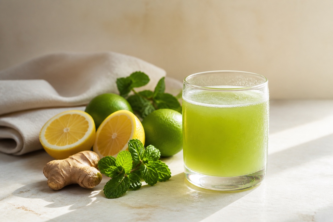 Lemon halves, limes, fresh ginger, and a bunch of mint beside a glass of pale green juice.