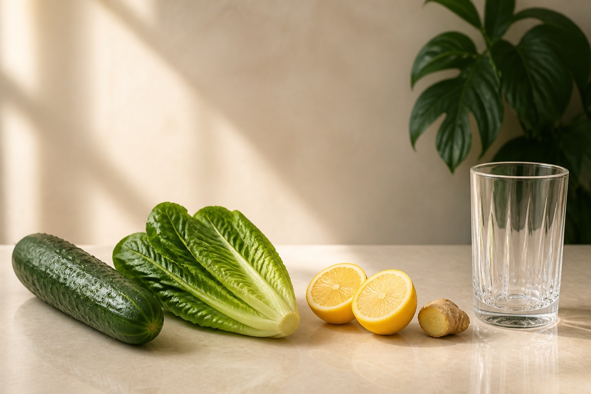 Cucumber, romaine, lemon halves, and ginger arranged in proportion beside an empty glass on a cream counter.