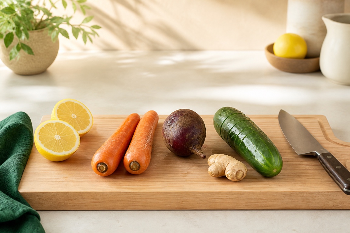 A prep board with peeled lemons, scrubbed beets and carrots, cucumber, and ginger beside a knife.