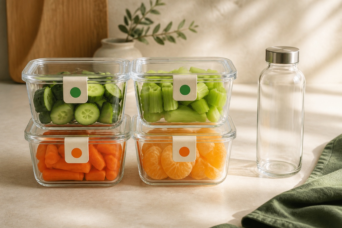 Glass containers of washed cucumber, celery, carrots, and citrus grouped with green and orange dots.