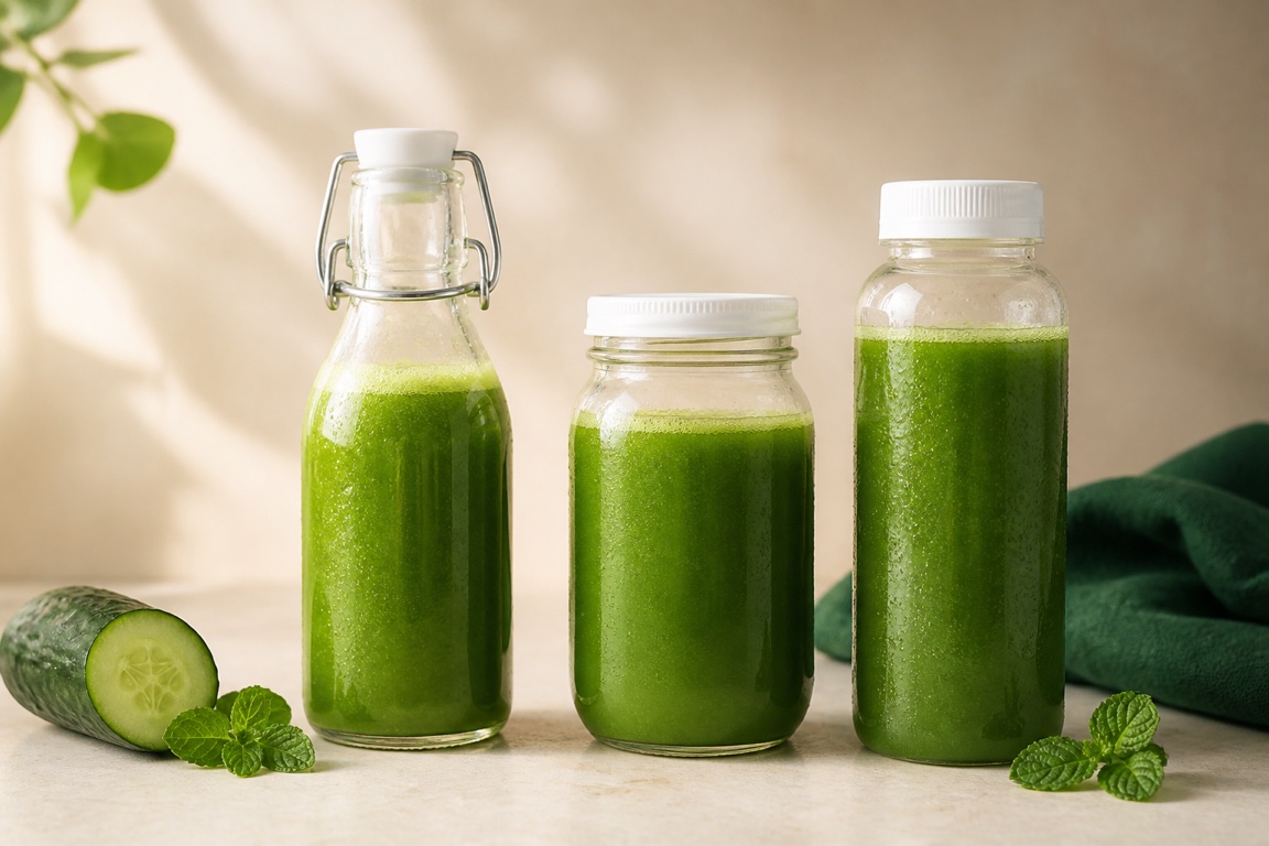A glass swing-top bottle, a pint mason jar, and a plastic bottle filled with green juice side by side.
