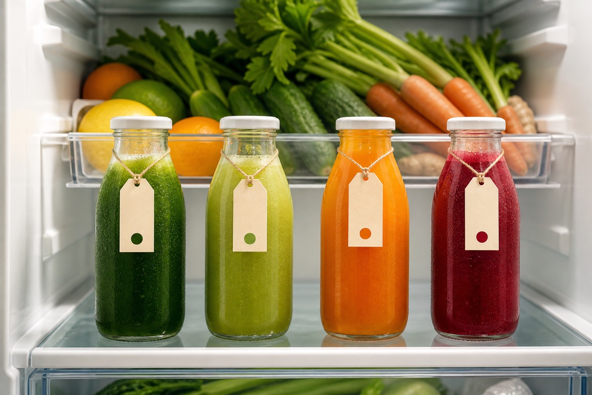 An organized refrigerator shelf with four color-tagged juice bottles arranged in a tidy row.