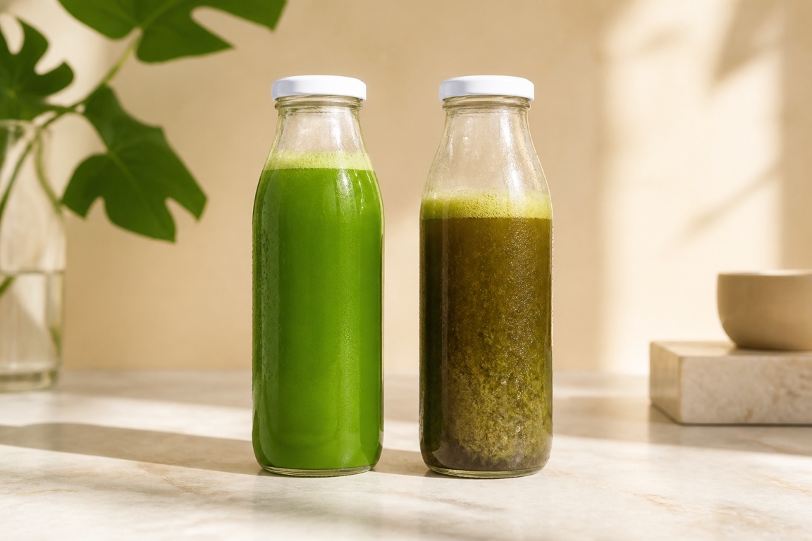 A vivid green juice bottle beside a dull, heavily separated bottle in natural light.