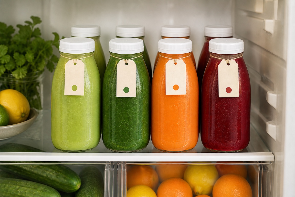 Eight capped glass juice bottles in two rows on a fridge shelf, filled with green, orange, and ruby juices.