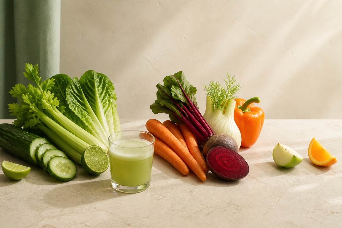 Lower, moderate, and sweeter juicing produce grouped into three visual tiers on a cream counter.