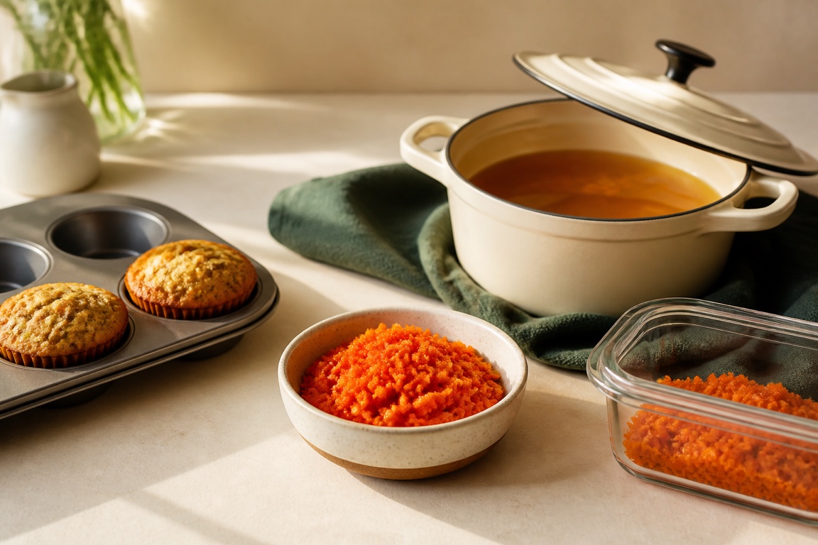 A bowl of bright carrot juice pulp beside a muffin tin and a small broth pot on a light counter.